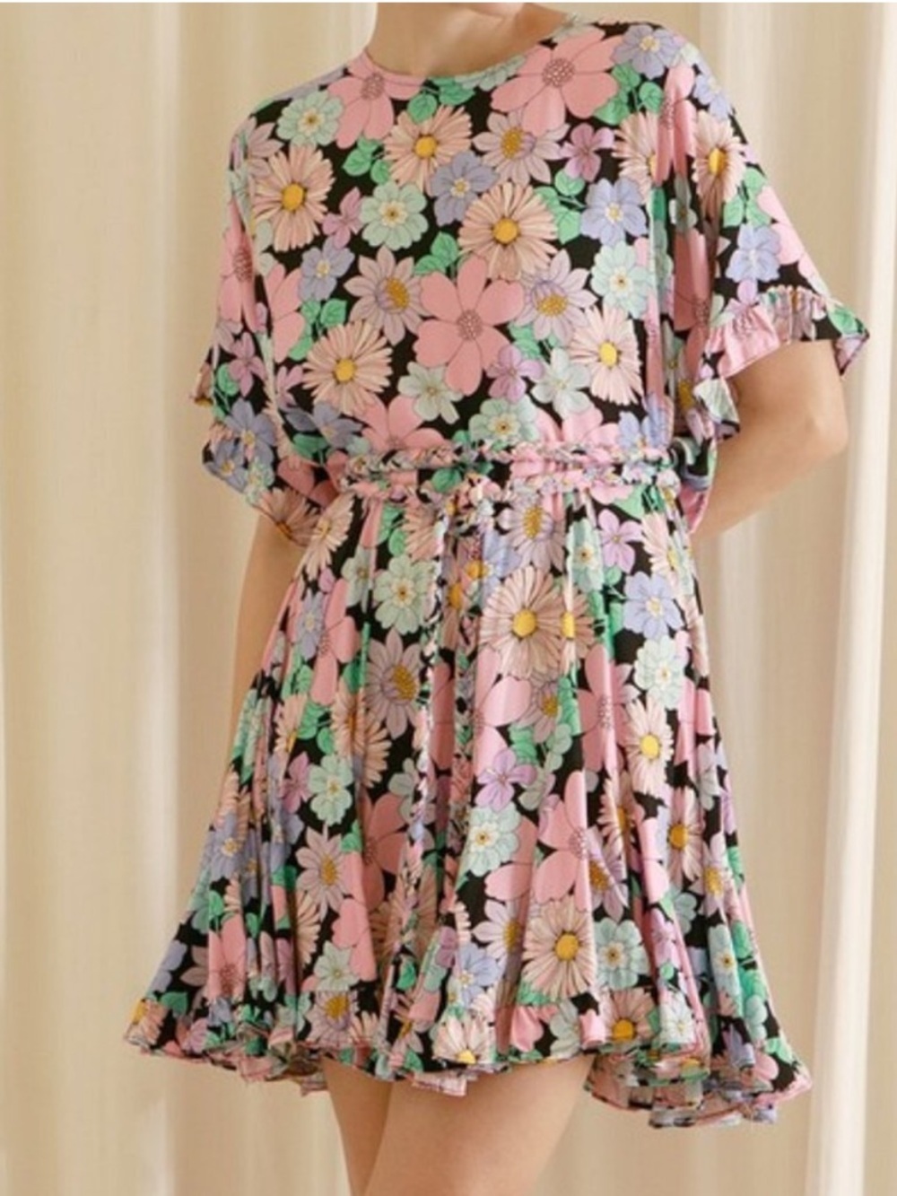 Storia Floral Mini babydoll dress, sz S, purple & pink, 19” PTP, 32” L